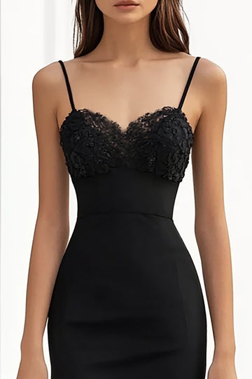 A Line Spaghetti Straps Appliqued Black Tie Dress with Slit